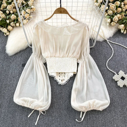 maoxiangshop Court Style Corselet Blouse Women Chiffon Lace Patchwork Elegant Blusas V-neck Lantern Sleeve Female Autumn Blouses