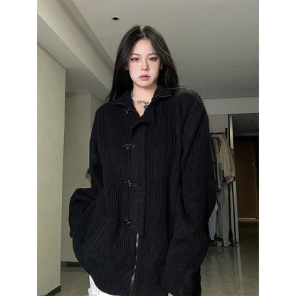 Y2K Knitted Cardigan Women Streetwear Black Oversized Sweater Coat Harajuku Gothic Buttons Zipper Knitwear Casual Jumpers