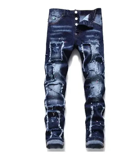 maoxiangshop Men Blue Denim Jeans Skinny Holes Jeans Italian Style Stretch Denim Pants High Quality Male Slim Fit Denim Trousers Size 42