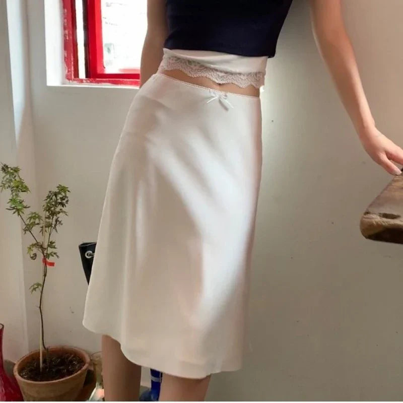 maoxiangshop White Satin Long Skirt Women vintage elegant Low Waist A-line Slim Silk sexy Y2k Midi Skirt Summer Party Skirts