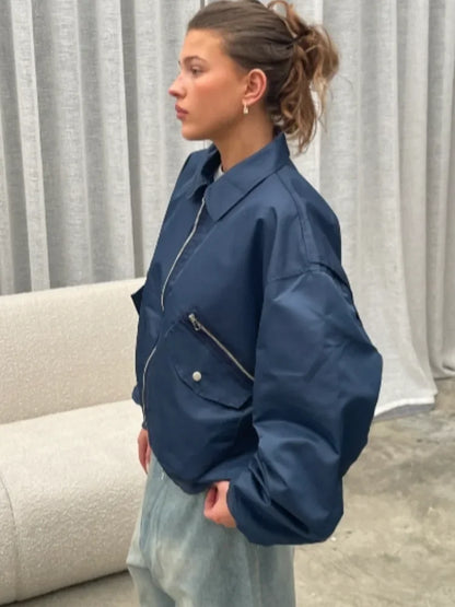 maoxiangshop  -  Fashion Zipper Lapel With Pockets Bomber Jacket Women Casual Solid Long Sleeves Short Coats 2024 Autumn Lady Street Outerwear