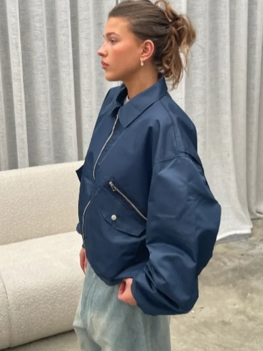 maoxiangshop  -  Fashion Zipper Lapel With Pockets Bomber Jacket Women Casual Solid Long Sleeves Short Coats 2024 Autumn Lady Street Outerwear
