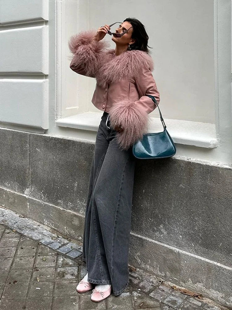 maoxiangshop -  Elegant Ostrich Hair Sleeve Jacket Women Fashion V Neck Long Sleeve Leather Coat Pink Autumn Chic Lady Single Breasted PU Tops