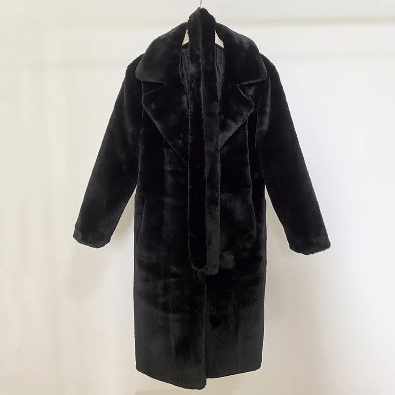 maoxiangshop  -  Luxury Winter Long Overcoats Women Oversized Lapel Belted Faux Rabbit Fur Coat Jacket Female Plus Size Outerwear Plush Fur Coats