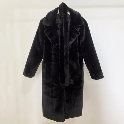 maoxiangshop  -  Luxury Winter Long Overcoats Women Oversized Lapel Belted Faux Rabbit Fur Coat Jacket Female Plus Size Outerwear Plush Fur Coats