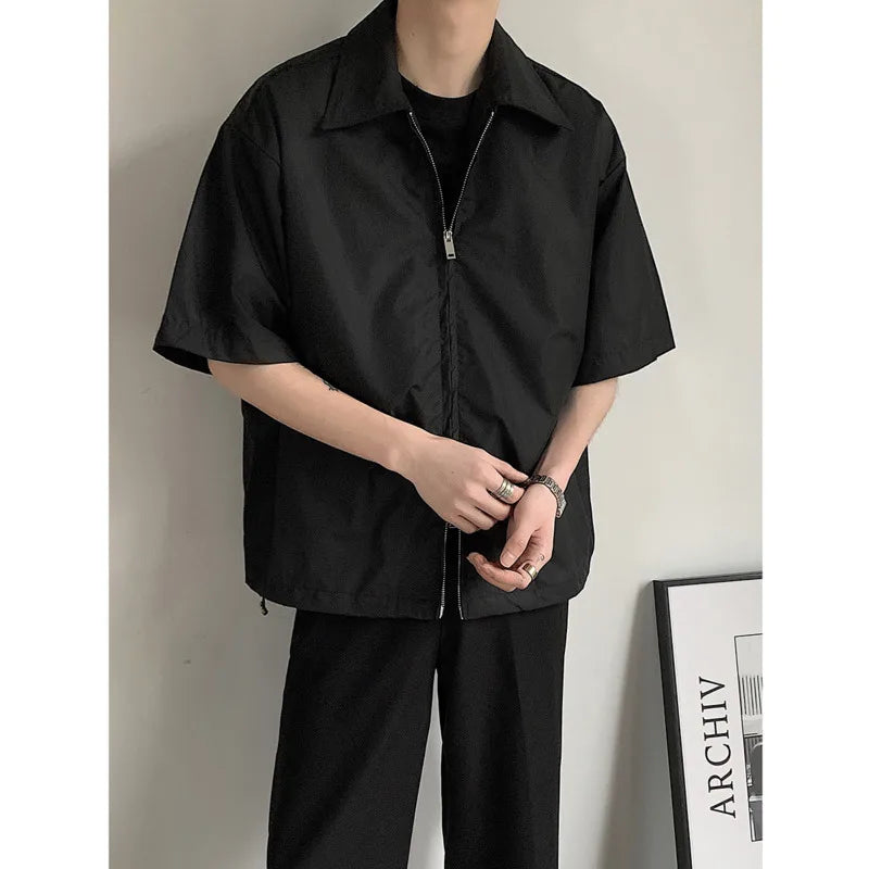 maoxiangshop Summer Short Sleeved Shirt Men Fashion Oversized Zip Shirt Men Korean Loose Black White Dres Shirts Mens Ice Silk Shirt M-2XL