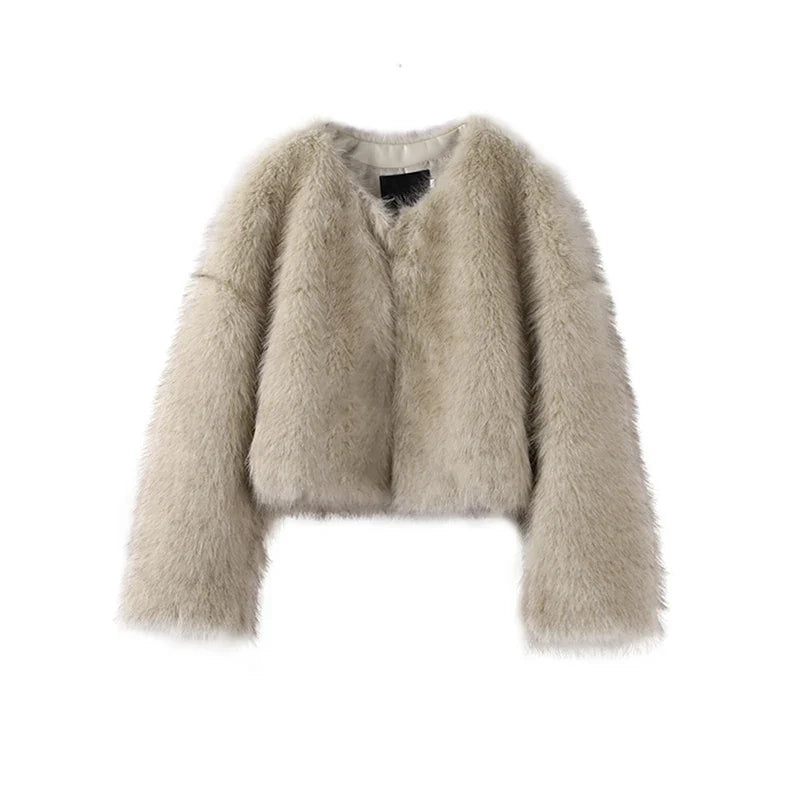 maoxiangshop  -  Short Faux Fur Coats Women Plush Autumn Winter O-neck Open Stitch Loose Women's Coat Long Sleeve Casual Jacket Female Streetwear