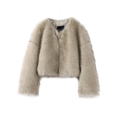 maoxiangshop  -  Short Faux Fur Coats Women Plush Autumn Winter O-neck Open Stitch Loose Women's Coat Long Sleeve Casual Jacket Female Streetwear