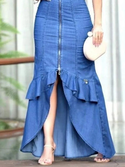 maoxiangshop Women Fashion Plain Boat Neck Short Sleeve Tulip Hem Maxi Denim Bodycon Dress Denim Dress Casual Long Dresses Streetwear