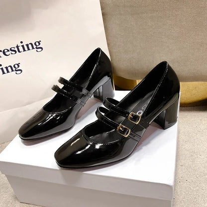 Spring Autumn Women Double Buckle Mary Janes Shoes Patent Leather Dress Square Head Square Heel Solid Color Women's Shoes