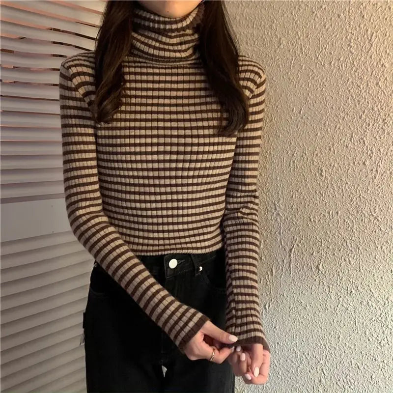 maoxiangshop Women's Striped Turtleneck Sweater Autumn and Winter Knit Sweater Women's Long Sleeve Striped Sweater Turtleneck Sweater