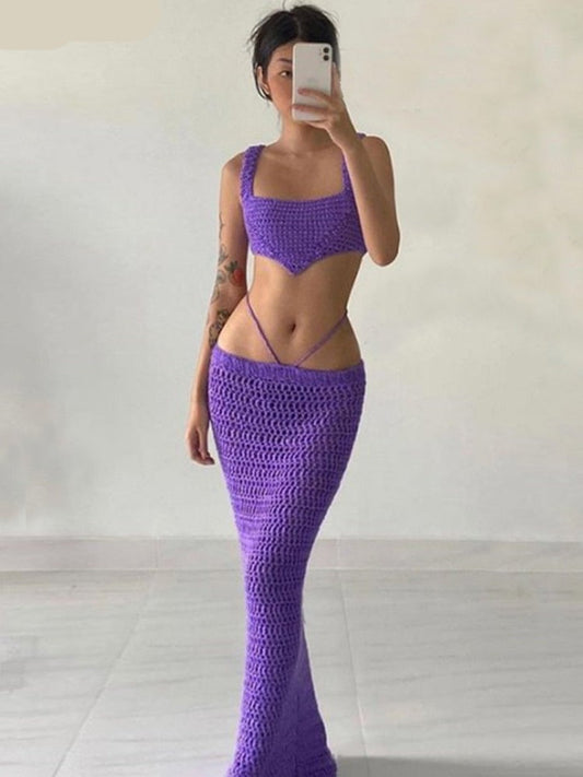 maoxiangshop Purple Knitted 2 Piece Summer Set Women Sexy Crochet Vacation Beach Outfits Hollow Out Bandage Long Skirt And Cropped Set