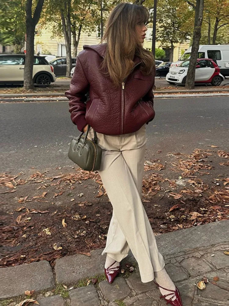 maoxiangshop -  Women Red Pu Leather Hooded Cropped Coats Autumn Lapel Loose Long Sleeve Zipper Jacket Winter Fashion Vintage Warm Streetwear