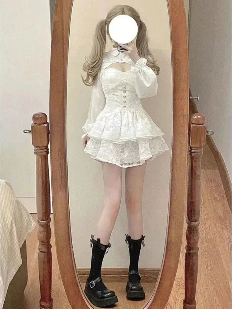 maoxiangshop Japanese Kawaii Lolita Dress Women Elegant Sweet Lace Ruffles White Strap Dresses Sexy Korean Fashion Birthday Party Fairy Dress