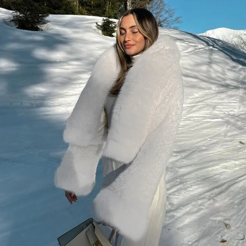 maoxiangshop  -  Winter Women's White Short Faux Fur Coat Fashion Y2K Hoodie Jacket Long Sleeve Thick Warm Fluffy Fur Coat Female Outfits