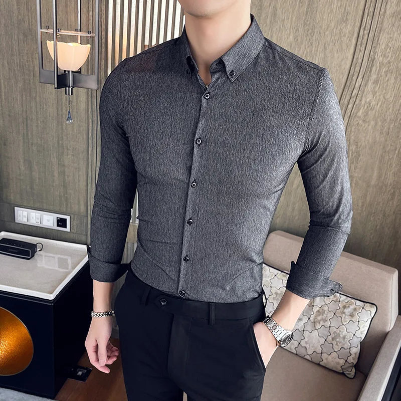 maoxiangshop Mens Shirts Autumn New Long Sleeve Stripe Dress Shirt Solid Casual Formal Wear Slim Fit Chemise Homme Camisas Men Clothing