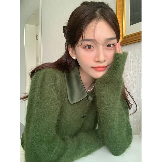 Elegant Knitted Cardigans Women Cropped Patchwork Sweater Coat Korean Solid Slim Knitwear Jackets All Match Jumper Outwear