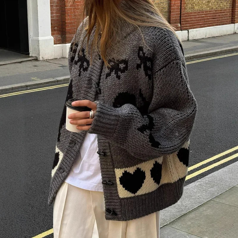 maoxiangshop  -  Thicken Cardigan Sweater Outwear Women  Autumn Winter Retro Cat Love Pattern Stand Collar Horn Button Knitted Cardigan