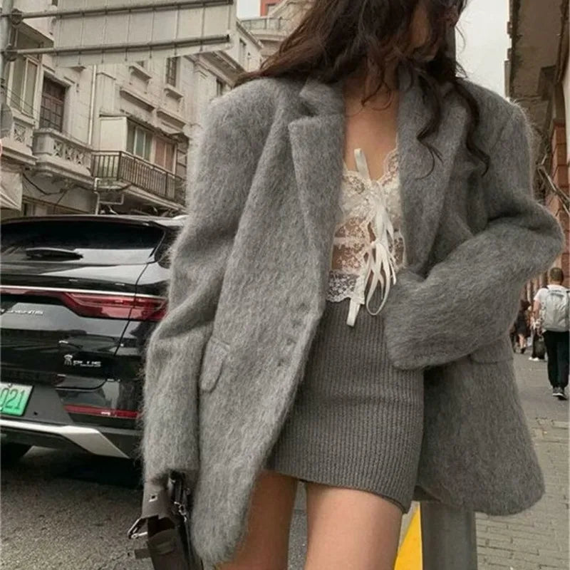 maoxiangshop  -  New Women's Collar Plush Jacket Elegant Loose Chic Coat Winter Thicken Fashion Office Ladies Warm Button Plush Jacket