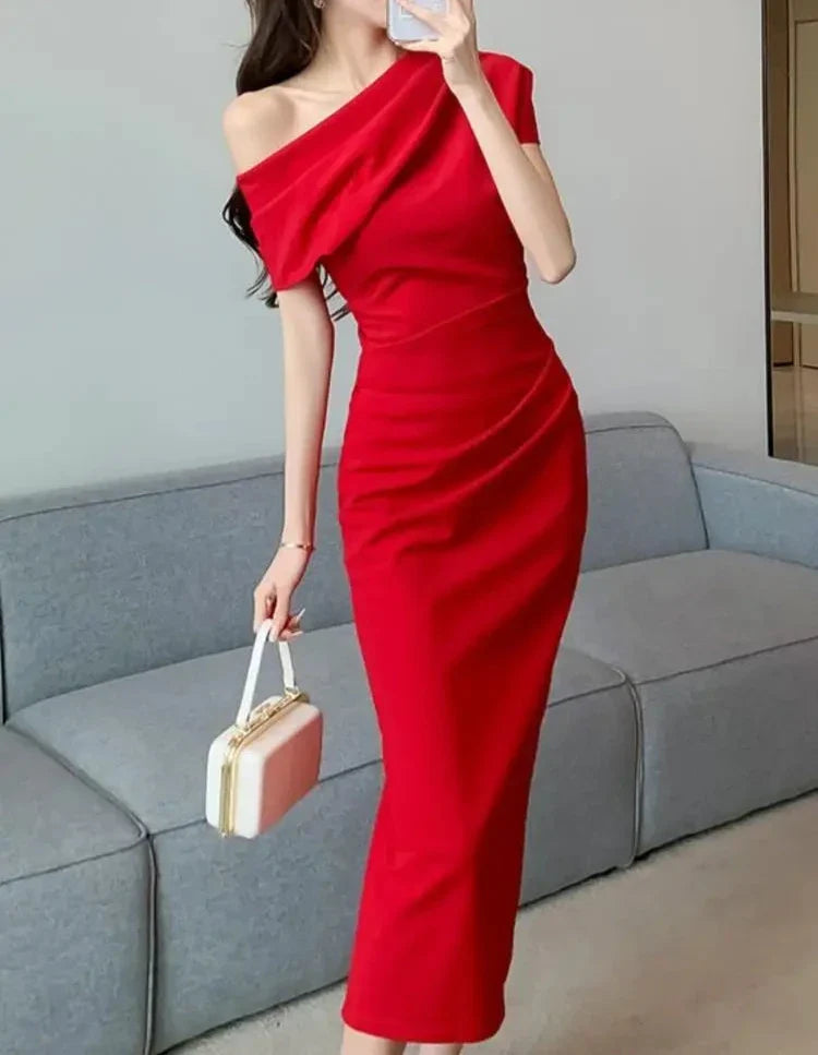 maoxiangshop Elegant Off Shoulder Evening Party Dresses Women Summer Fashion Slim One Piece Solid Vestidos Korean Graduation Robe Clothing