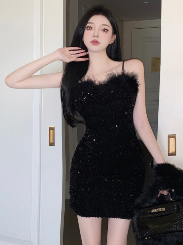 maoxiangshop Temperament Dresses Women Spaghetti Strap  Furry Patchwork V Neck Sexy Elegant Slim Sequins Black Party Dress Ladies