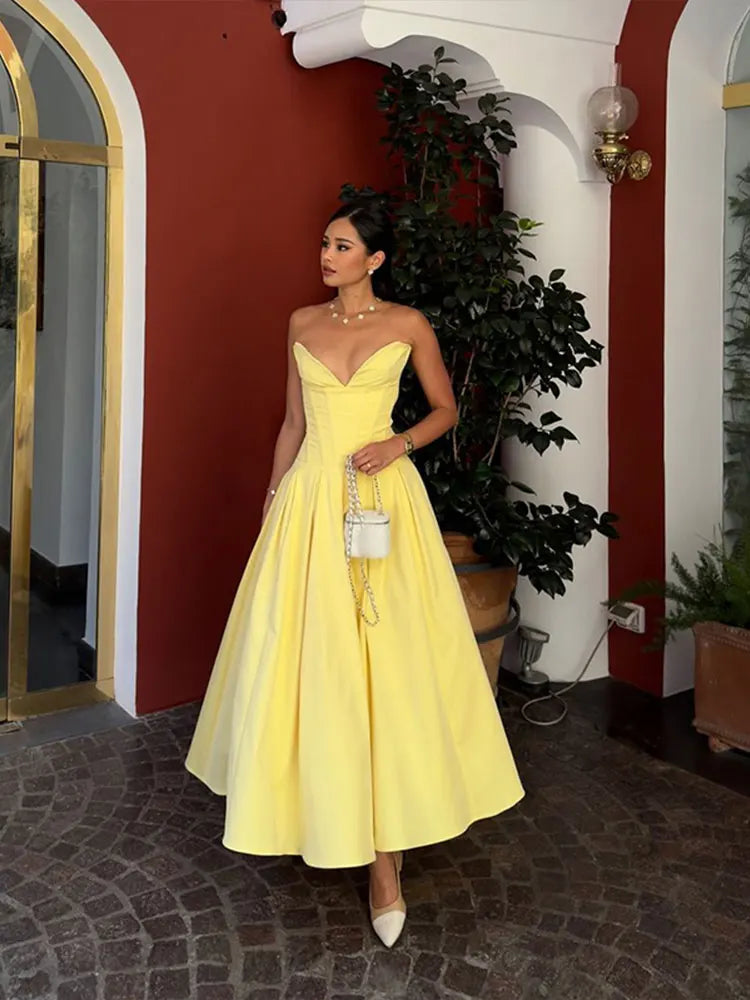 Women Elegant Yellow Pleated Evening Gowns Sleeveless Deep V Neck Off Shoulder Backless Long Dresses Lady Sexy Party Robes