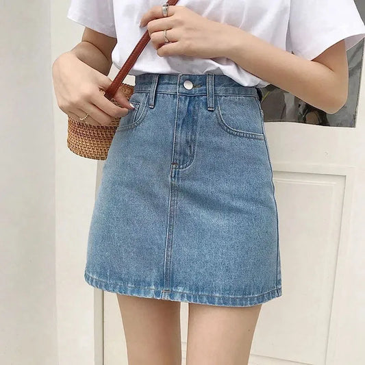 Lucyever Korean Women's Denim Skirt 2023 Summer High Waist A Line Mini Skirt Female Casual Pocket Solid Simple Jeans Skirt
