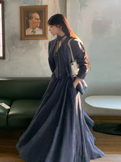 maoxiangshop  -  Autumn Winter Streetwear Small Fragrance 3 Piece For Women Jacket Coat Sleeveless Vest High Waist Pleated Skirt Long Skirts