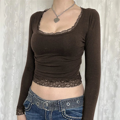maoxiangshop 2000s Graphic T Shirt Vintage Fairy Grunge Women Autumn Lace Trim Long Sleeve Slim Fits Tops y2k Clothes Basic Harajuku Tees
