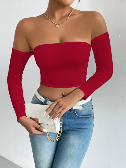 maoxiangshop Off Shoulder Crop T-Shirt, Casual Long Sleeve Top For Spring & Fall, Women's Clothing