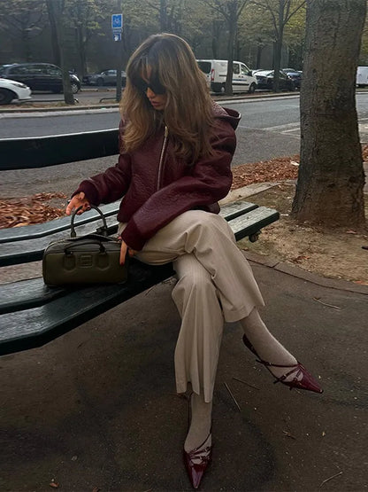 maoxiangshop -  Women Red Pu Leather Hooded Cropped Coats Autumn Lapel Loose Long Sleeve Zipper Jacket Winter Fashion Vintage Warm Streetwear