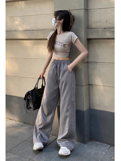 maoxiangshop Side Stripe Retro Loose Lace-up Wide Leg Casual Long Women Pants Korean Fashion High Waist Trouser Lady Autumn Y2k Street Pants