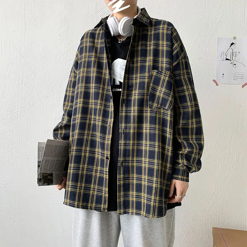 maoxiangshop Fashion Lapel Button Spliced Pockets Lattice Shirt Men's Clothing Spring New Loose Casual Tops Long Sleeve Korean Shirts