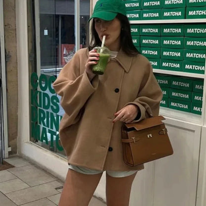 maoxiangshop  -  Vintage Diagonal Breasted Warm Loose Jacket Women Lapel Double Pocket Long Sleeve Solid Tops Outerwear Autumn Winter Female Coat