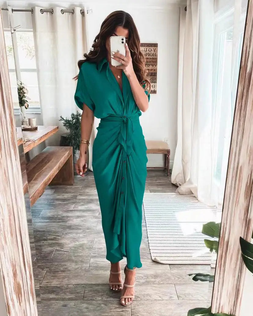 maoxiangshop Women Summer Elegant Button Ruched Bandage Shirt Dress Fashion Casual Short Sleeve Solid V Neck Beach Maxi Dress