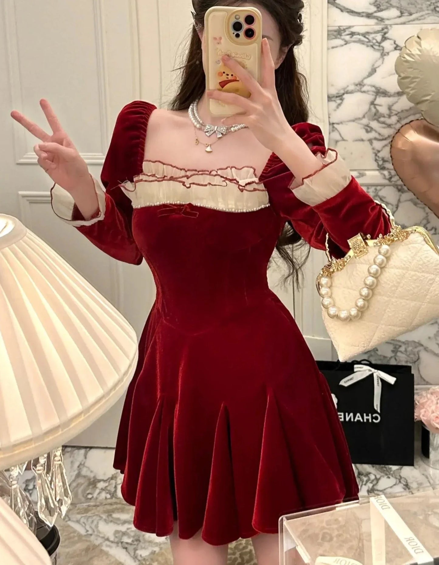 French Elegant Red Party Velvet Mini Dress Women Fashion Patchwork Princess Vestidos Female Spring Autumn Graduation Clothes