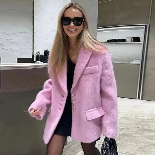 maoxiangshop  -  New Women's Collar Plush Jacket Elegant Loose Chic Coat Winter Thicken Fashion Office Ladies Warm Button Plush Jacket