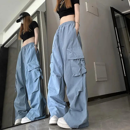 maoxiangshop Hip Hop Y2K Cargo Pants Women Streetwear Harajuku Big Pockets Casual Trousers Korean Loose High Waist Design Solid Pants Z