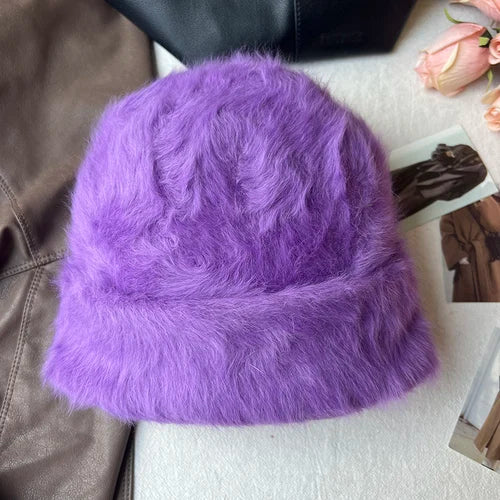 maoxiangshop New Fashion Rabbit Fur Y2k Beanies for Women Soft Warm Fluffy Angola Winter Hat Female Windproof Bonnet Hat Skullies Cap