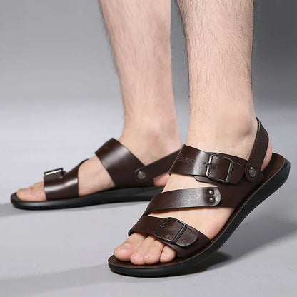 maoxiangshop Comfortable Men's Sandals Solid Color Open Toe Mens Leather Sandals New Slippers Beach for Male Leather Footwear