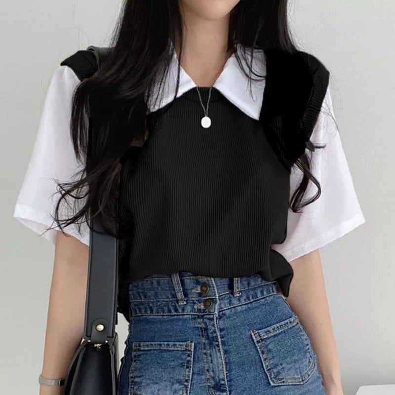 maoxiangshop Korean Spring Summer Casual Polo T-Shirt Female Pullover Women's Loose Tees Top Fake Two Piece Suit Student Preppy Style