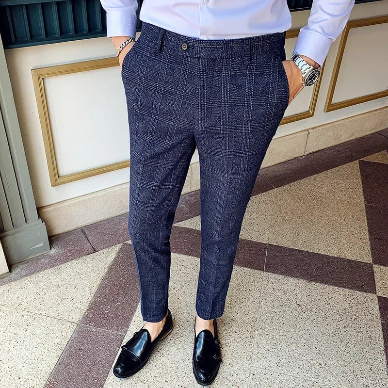 maoxiangshop New Boutique Classic Plaid and Striped Fashion Men's Casual Business Slim Suit Pants Groom Wedding Dress Trousers Party