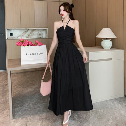 maoxiangshop Vintage White Long Dresses for Women Summer Elegant Chic Solid Sleeveless Casual Female Korean Slim Sexy Backless Sundress