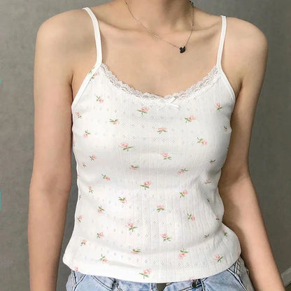 maoxiangshop  -  Lace Trim Flower Crop Tops Women Summer Clothes 2024 Waffle Cotton Sexy 2000s Y2K Camisole Tanks Girls Chic Cute Kawaii Tank Top