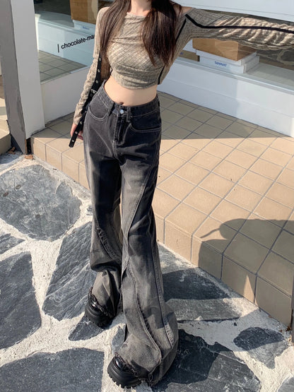 maoxiangshop Harajuku Streetwear Retro Black Fashion Women High Waist Jeans Loose Wide Leg Straight Loose Denim Trousers Y2K Baggy Pants