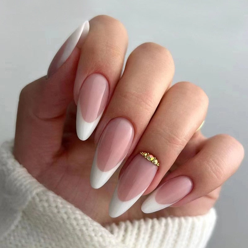 24Pcs French Almond Fake Nails with Rhinestone Wearable Stiletto Acrylic False Nails with Glue White Edge Design Press on Nails