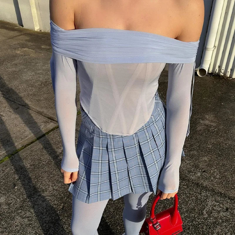 maoxiangshop -  Mesh Shirts For Women Sexy Off Shoulders Slim Crop Tops Hot Girls Fashion Splice Short Shirt Ladies Autumn Winter Clothes