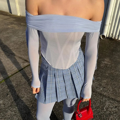 maoxiangshop -  Mesh Shirts For Women Sexy Off Shoulders Slim Crop Tops Hot Girls Fashion Splice Short Shirt Ladies Autumn Winter Clothes