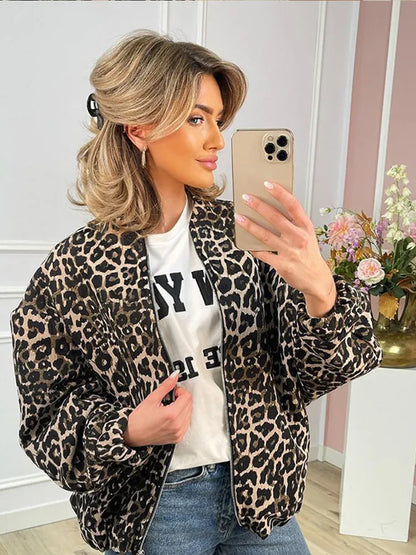 Fashion Leopard Zipper Long Sleeved Women's Jacket Retro Round Neck Street Casual Outerwears New Female Autumn Commute Coat