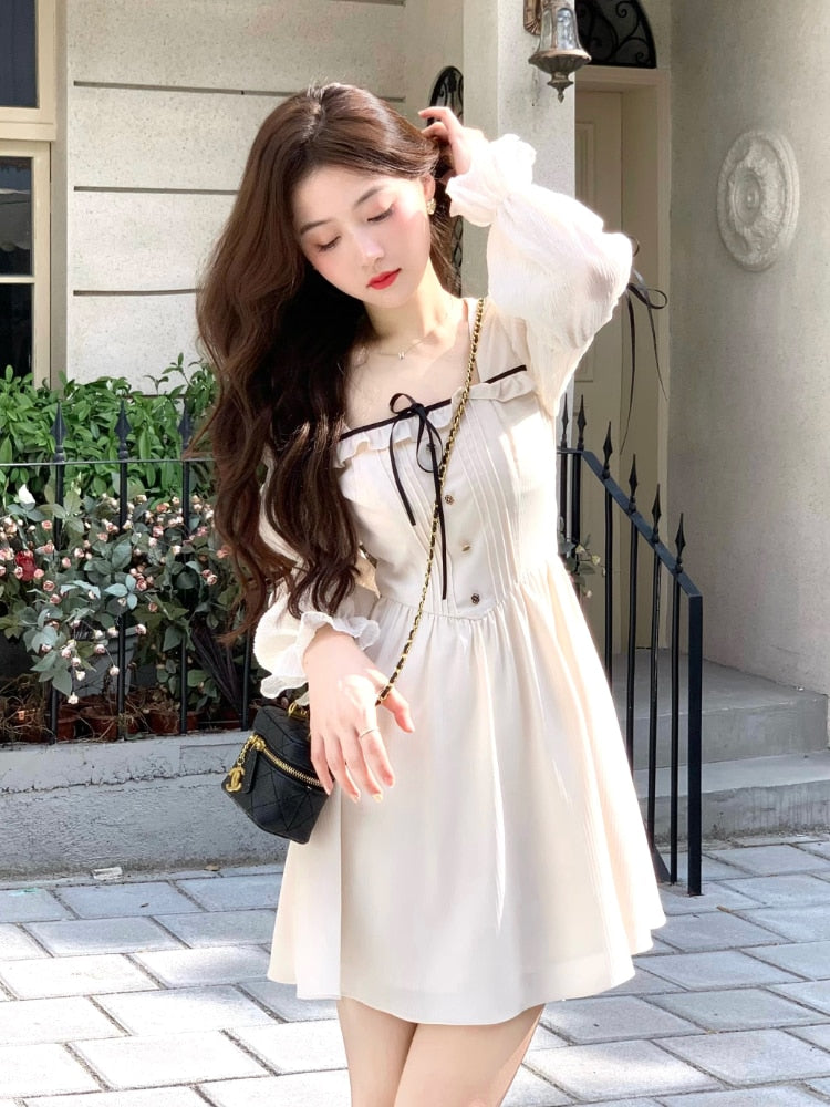 maoxiangshop Lolita Bandage Mini Dress for Women Party Y2k Casual Long Flare Sleeve Vintage One Piece Dress Elegant Korea Fashion Autumn